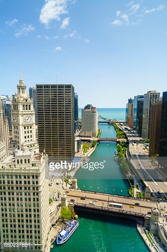 High view of the Wrigley Building and Chicago River towards Lake Michigan, Chicago, Illinois, USA